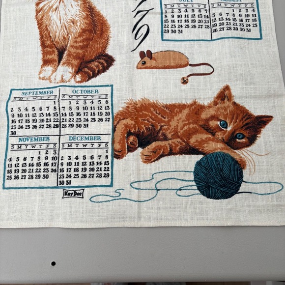 VTG 1979 Kay Dee Calendar Tea Towel Linen Kittens Mice Butterfly Fish Bowl - Picture 2 of 9